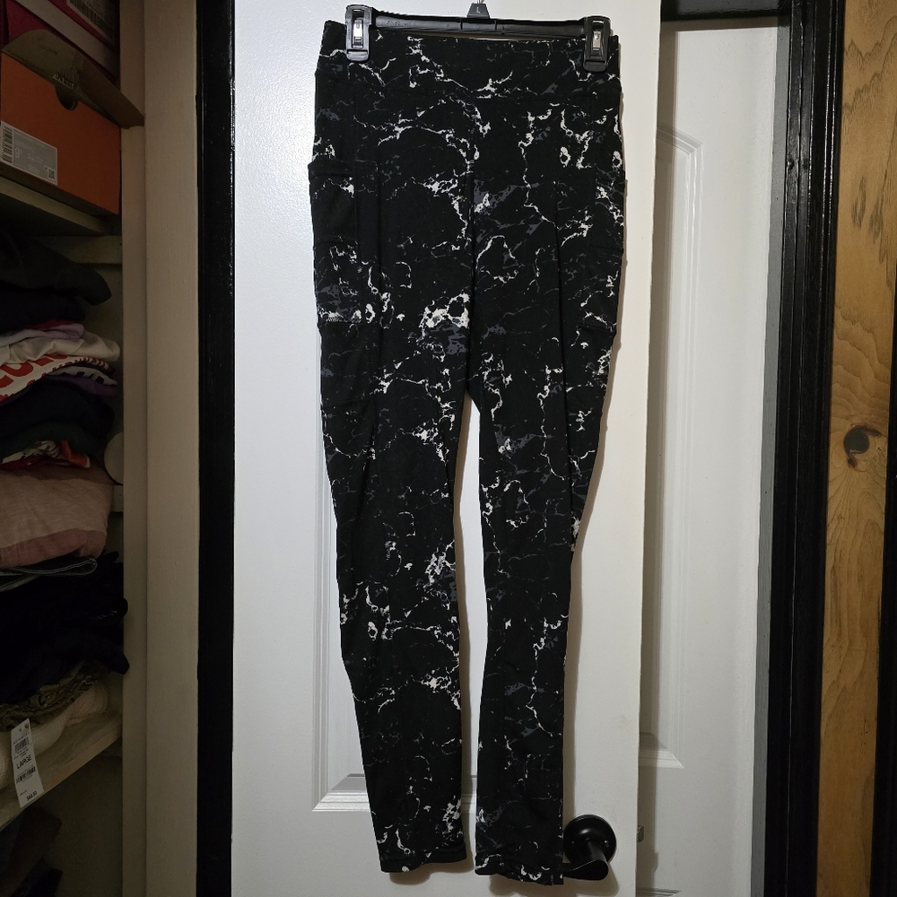 POP Fit Women's Black & White Marble Print Leggings W 2 Side Pockets Size Large - Picture 7 of 7